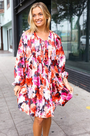 Diva Dreams Coral & Charcoal Floral Tie Neck Pintuck Satin Dress - Coeur de la Mode