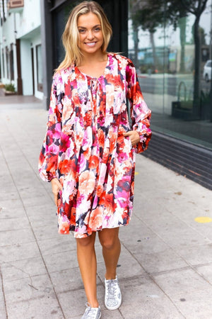 Diva Dreams Coral & Charcoal Floral Tie Neck Pintuck Satin Dress - Coeur de la Mode