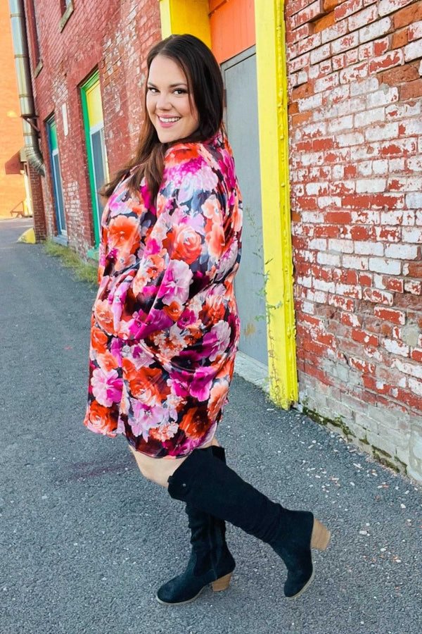Diva Dreams Coral & Charcoal Floral Tie Neck Pintuck Satin Dress - Coeur de la Mode