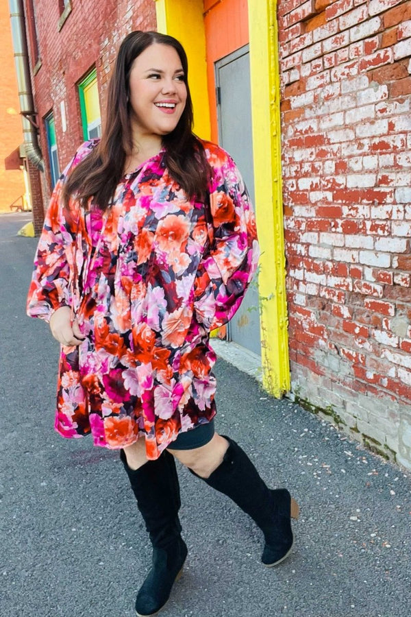 Diva Dreams Coral & Charcoal Floral Tie Neck Pintuck Satin Dress - Coeur de la Mode