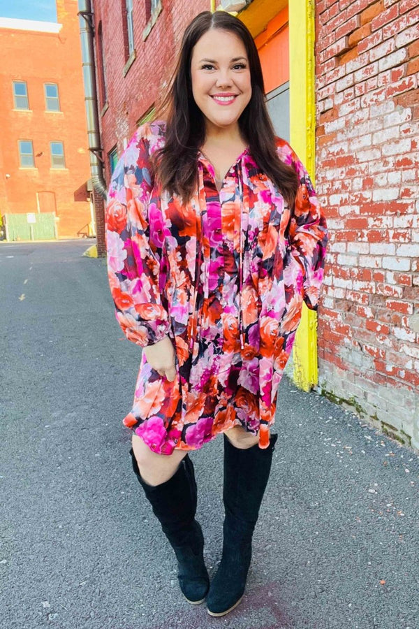 Diva Dreams Coral & Charcoal Floral Tie Neck Pintuck Satin Dress - Coeur de la Mode