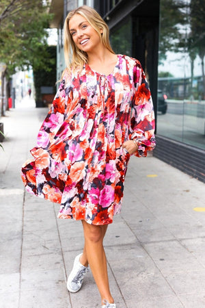 Diva Dreams Coral & Charcoal Floral Tie Neck Pintuck Satin Dress - Coeur de la Mode