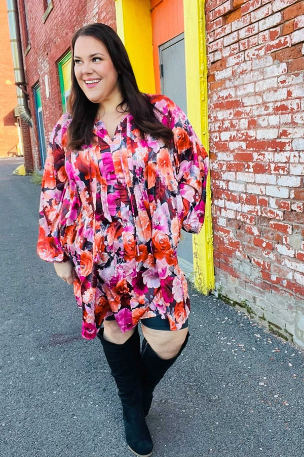 Diva Dreams Coral & Charcoal Floral Tie Neck Pintuck Satin Dress - Coeur de la Mode