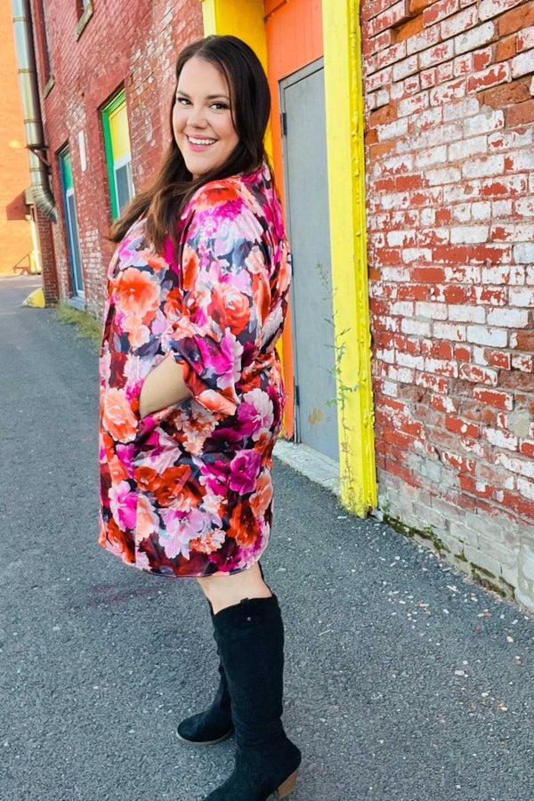 Diva Dreams Coral & Charcoal Floral Tie Neck Pintuck Satin Dress - Coeur de la Mode