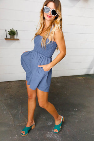 Dusty Blue Terry Smocked Tank Top Baggy Shorts Romper - Coeur de la Mode
