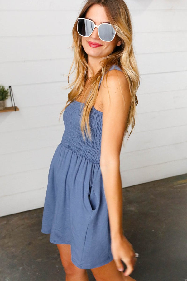 Dusty Blue Terry Smocked Tank Top Baggy Shorts Romper - Coeur de la Mode