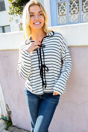 Embrace Joy Black & White Collared Stripe Ribbon Bow Tie Top - Coeur de la Mode