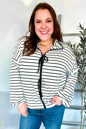 Embrace Joy Black & White Collared Stripe Ribbon Bow Tie Top - Coeur de la Mode