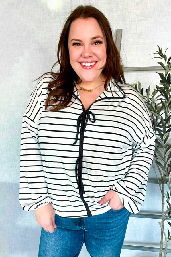 Embrace Joy Black & White Collared Stripe Ribbon Bow Tie Top - Coeur de la Mode
