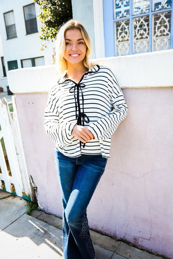 Embrace Joy Black & White Collared Stripe Ribbon Bow Tie Top - Coeur de la Mode