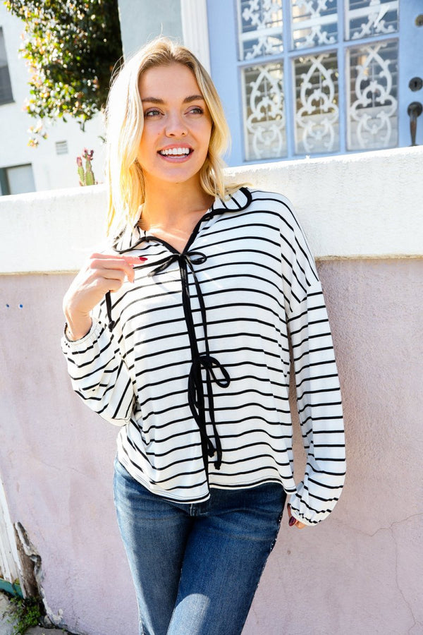 Embrace Joy Black & White Collared Stripe Ribbon Bow Tie Top - Coeur de la Mode