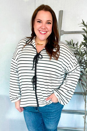 Embrace Joy Black & White Collared Stripe Ribbon Bow Tie Top - Coeur de la Mode