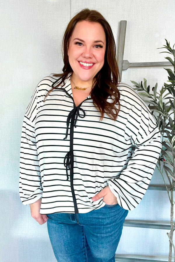 Embrace Joy Black & White Collared Stripe Ribbon Bow Tie Top - Coeur de la Mode