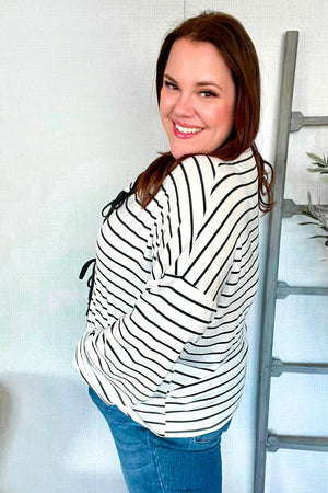 Embrace Joy Black & White Collared Stripe Ribbon Bow Tie Top - Coeur de la Mode