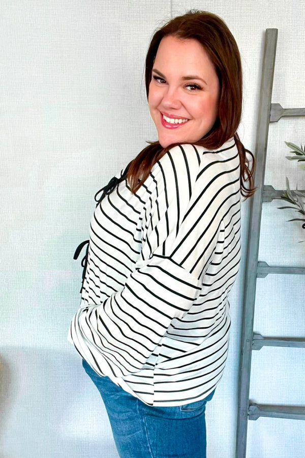 Embrace Joy Black & White Collared Stripe Ribbon Bow Tie Top - Coeur de la Mode