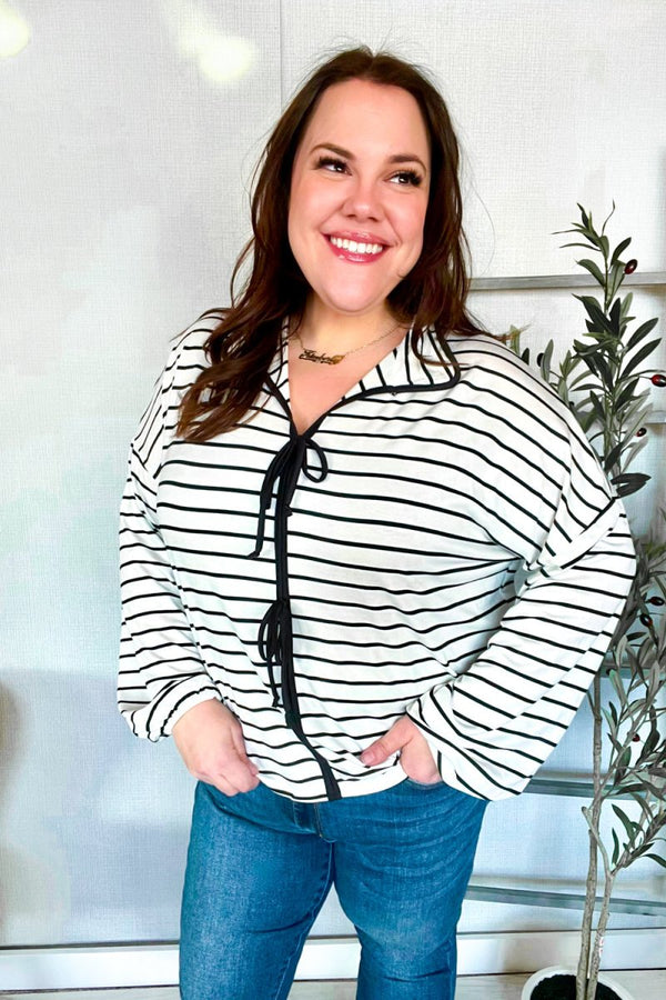 Embrace Joy Black & White Collared Stripe Ribbon Bow Tie Top - Coeur de la Mode