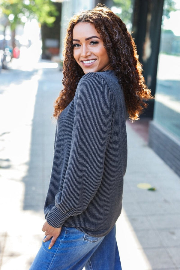 Everyday Charcoal Rib Mineral Wash Long Sleeve Top - Coeur de la Mode