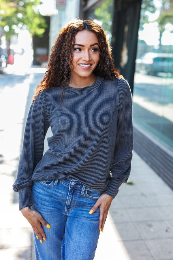 Everyday Charcoal Rib Mineral Wash Long Sleeve Top - Coeur de la Mode