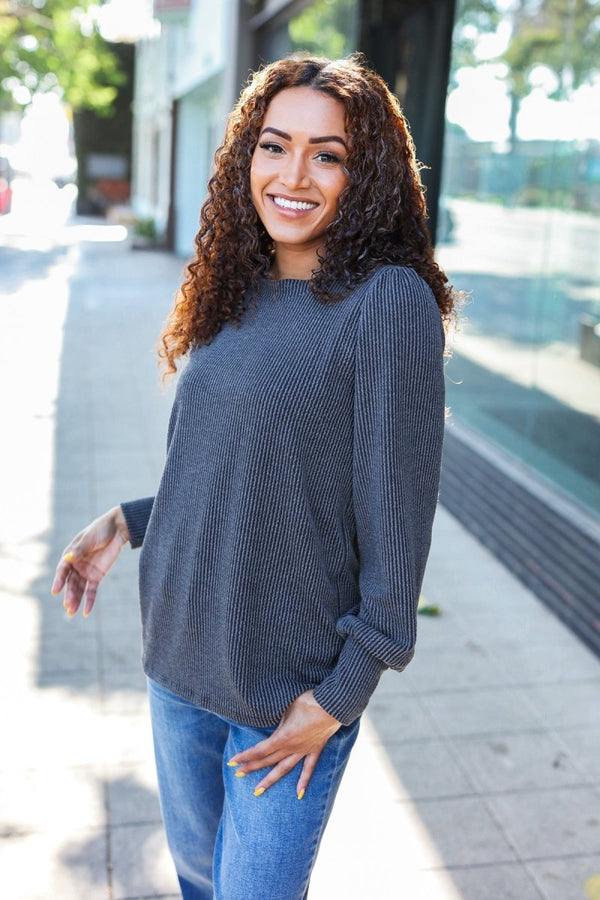 Everyday Charcoal Rib Mineral Wash Long Sleeve Top - Coeur de la Mode
