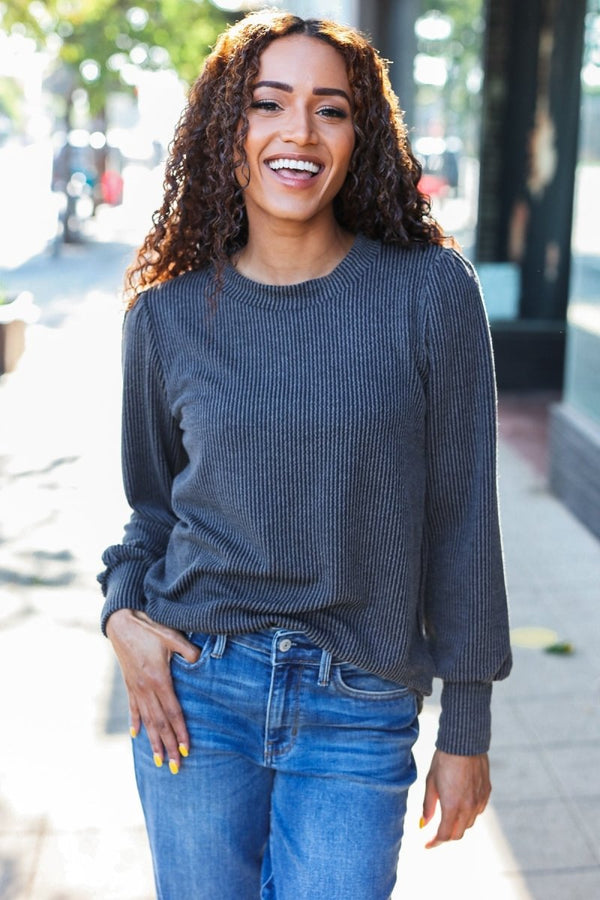Everyday Charcoal Rib Mineral Wash Long Sleeve Top - Coeur de la Mode
