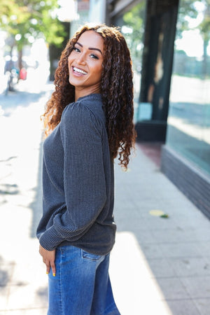 Everyday Charcoal Rib Mineral Wash Long Sleeve Top - Coeur de la Mode