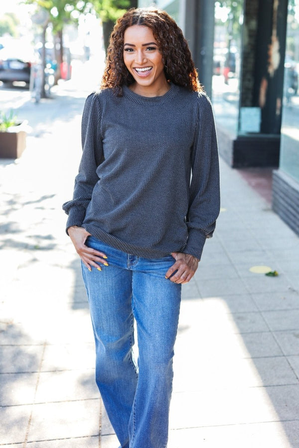 Everyday Charcoal Rib Mineral Wash Long Sleeve Top - Coeur de la Mode