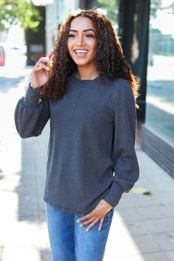 Everyday Charcoal Rib Mineral Wash Long Sleeve Top - Coeur de la Mode