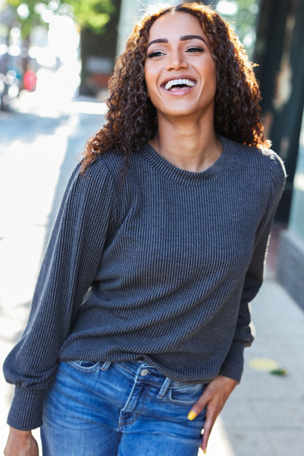 Everyday Charcoal Rib Mineral Wash Long Sleeve Top - Coeur de la Mode