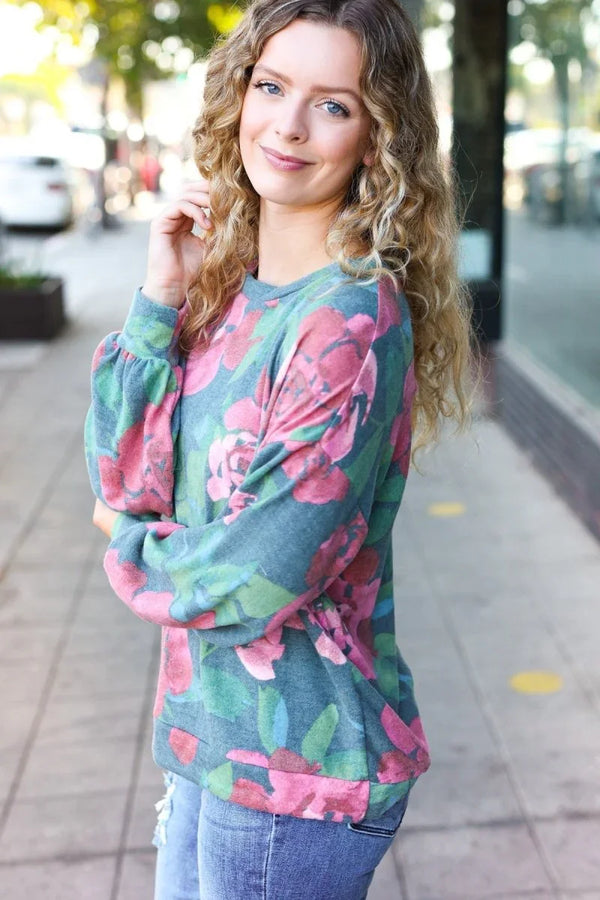 Everyday Hunter Green Floral Brushed Hacci Sweater Top - Coeur de la Mode