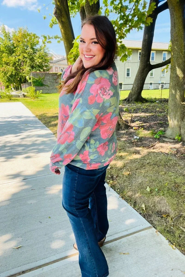 Everyday Hunter Green Floral Brushed Hacci Sweater Top - Coeur de la Mode