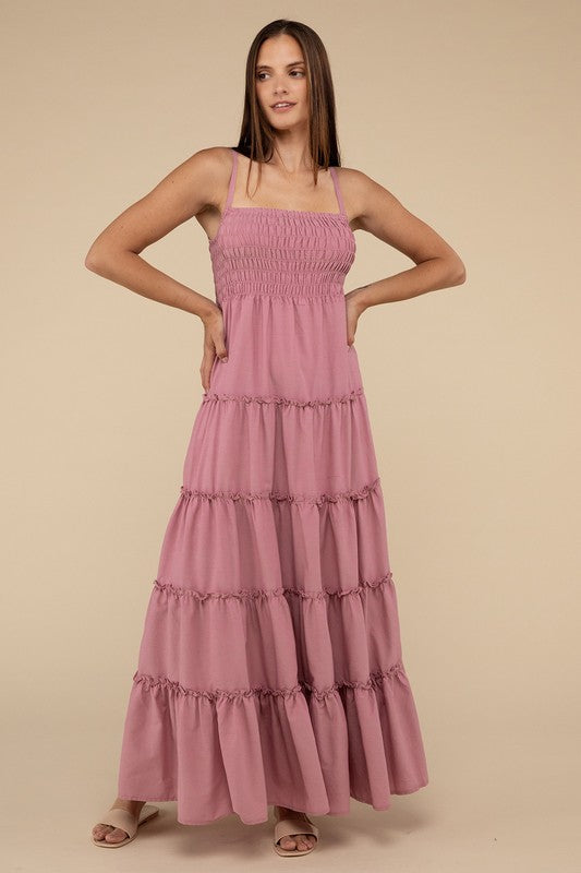 Woven Smocked Top Tiered Cami Maxi Dress - Coeur de la Mode