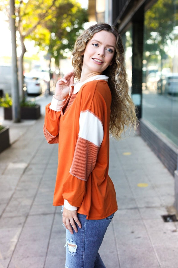 Falling For You Rust Color Block Collared French Terry Top - Coeur de la Mode