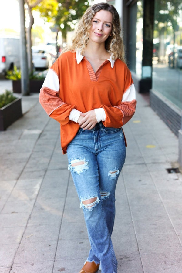 Falling For You Rust Color Block Collared French Terry Top - Coeur de la Mode