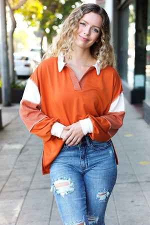 Falling For You Rust Color Block Collared French Terry Top - Coeur de la Mode