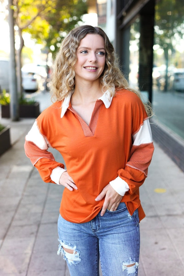 Falling For You Rust Color Block Collared French Terry Top - Coeur de la Mode