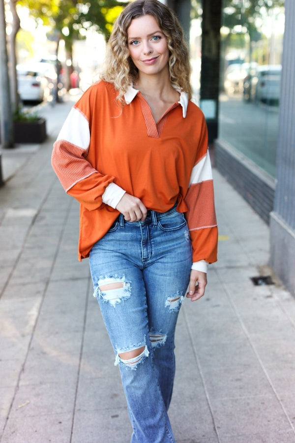 Falling For You Rust Color Block Collared French Terry Top - Coeur de la Mode