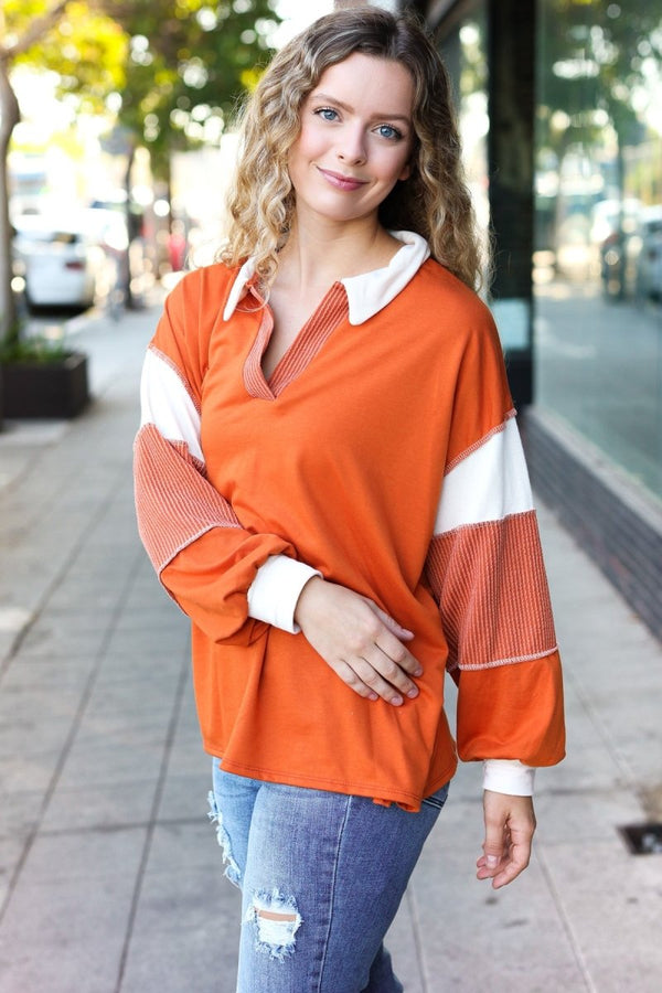 Falling For You Rust Color Block Collared French Terry Top - Coeur de la Mode