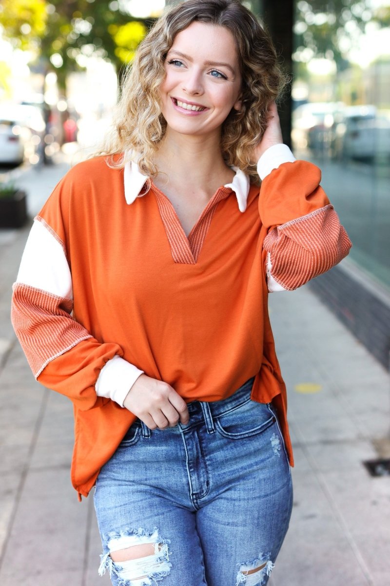 Falling For You Rust Color Block Collared French Terry Top - Coeur de la Mode