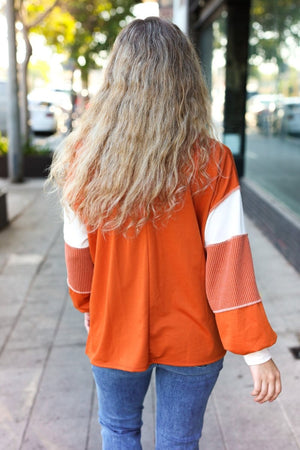 Falling For You Rust Color Block Collared French Terry Top - Coeur de la Mode