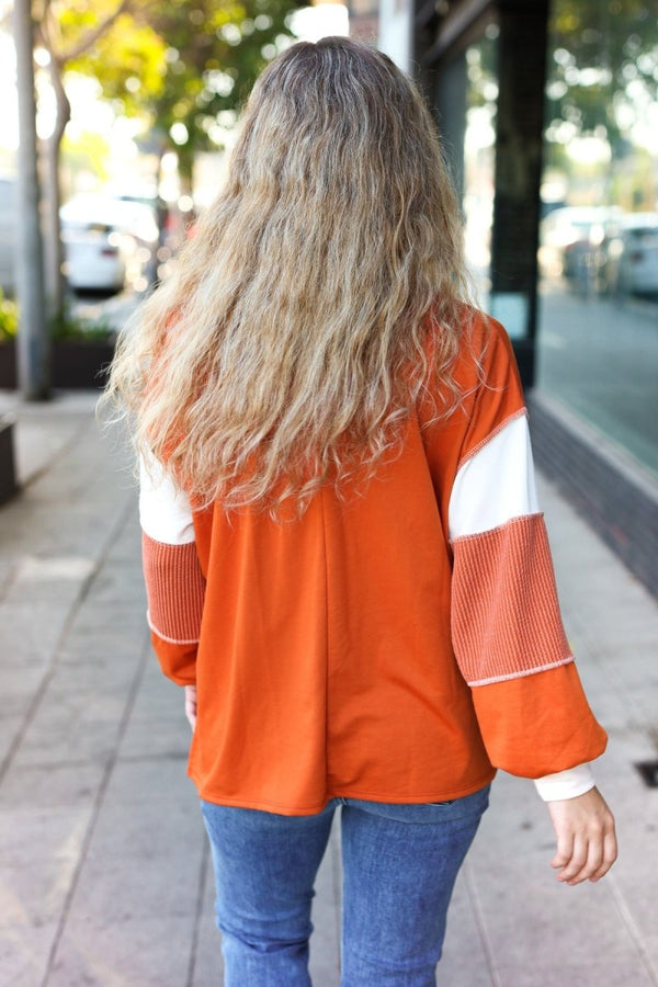 Falling For You Rust Color Block Collared French Terry Top - Coeur de la Mode
