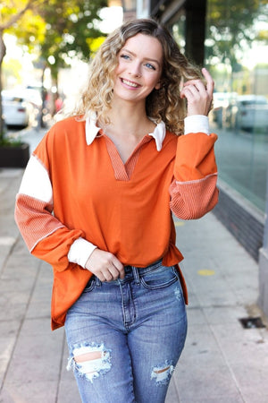Falling For You Rust Color Block Collared French Terry Top - Coeur de la Mode