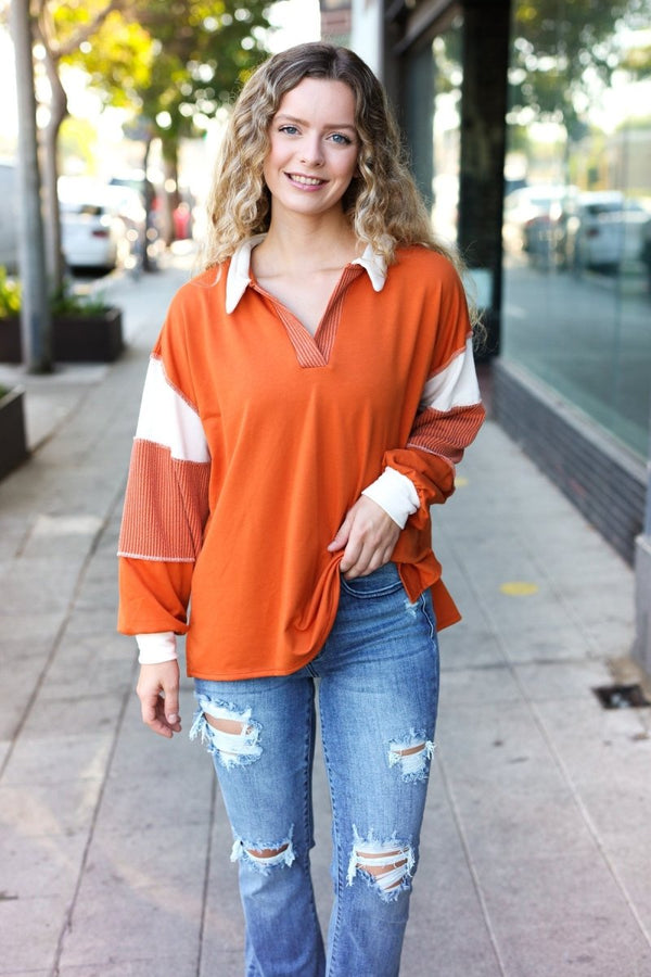 Falling For You Rust Color Block Collared French Terry Top - Coeur de la Mode