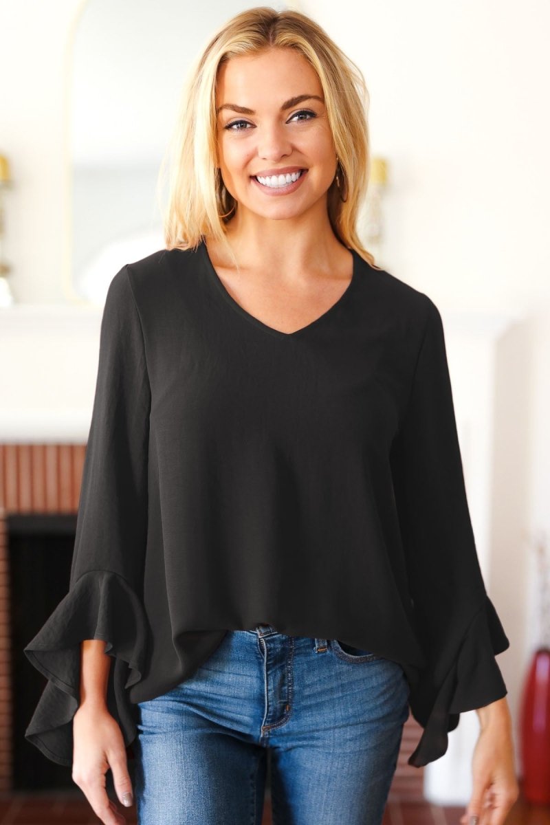 Falling In Love Black Hi-Lo Ruffle Sleeve Woven Top - Coeur de la Mode