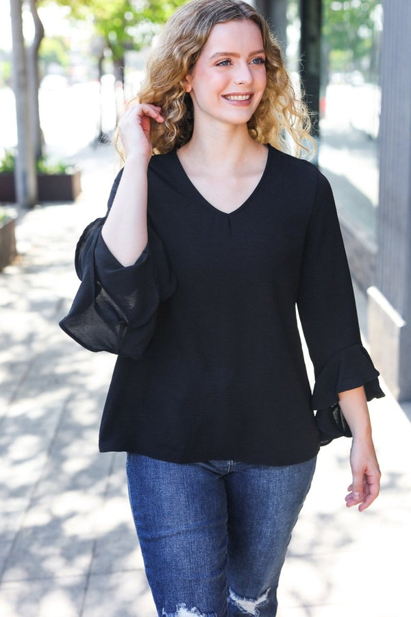 Falling In Love Black Hi-Lo Ruffle Sleeve Woven Top - Coeur de la Mode