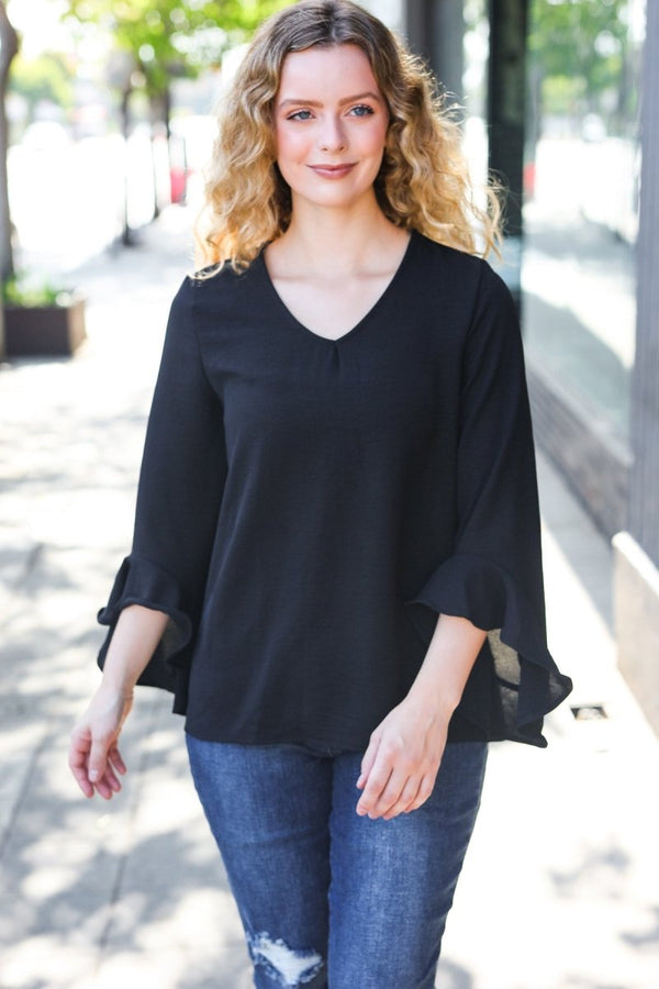 Falling In Love Black Hi-Lo Ruffle Sleeve Woven Top - Coeur de la Mode