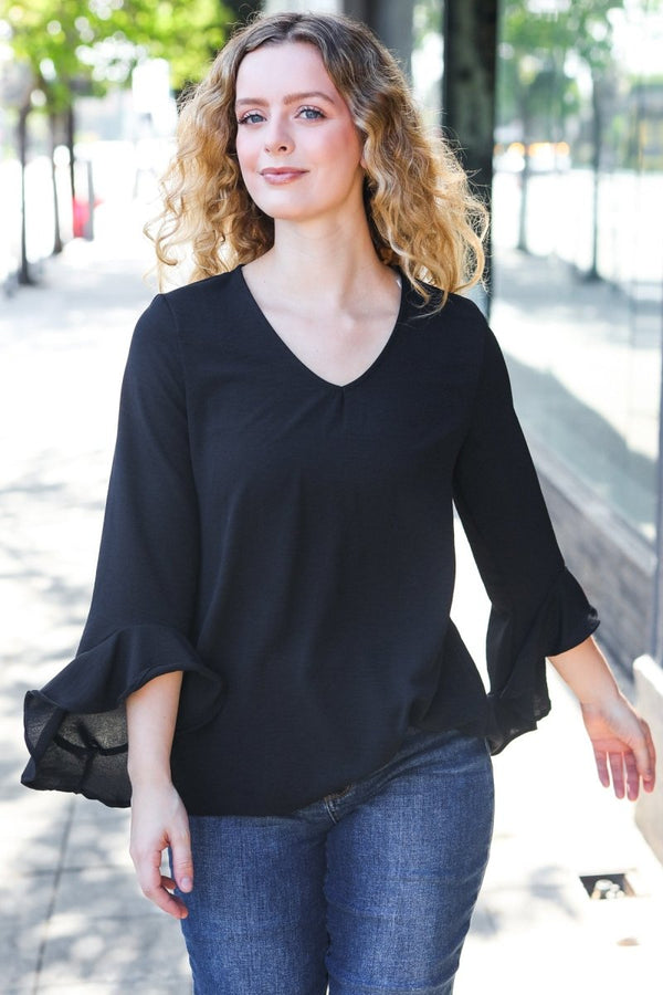 Falling In Love Black Hi-Lo Ruffle Sleeve Woven Top - Coeur de la Mode