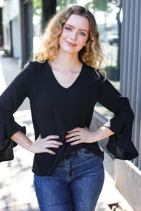 Falling In Love Black Hi-Lo Ruffle Sleeve Woven Top - Coeur de la Mode