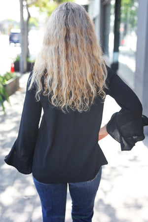 Falling In Love Black Hi-Lo Ruffle Sleeve Woven Top - Coeur de la Mode
