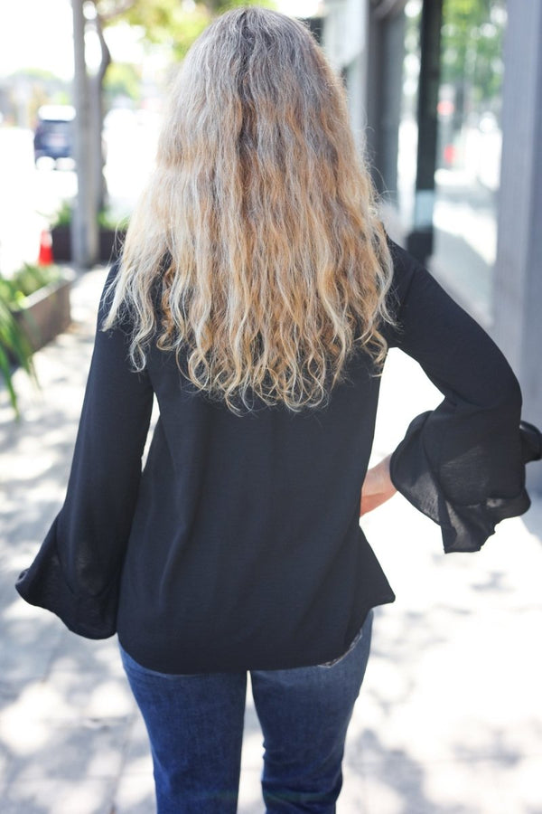 Falling In Love Black Hi-Lo Ruffle Sleeve Woven Top - Coeur de la Mode