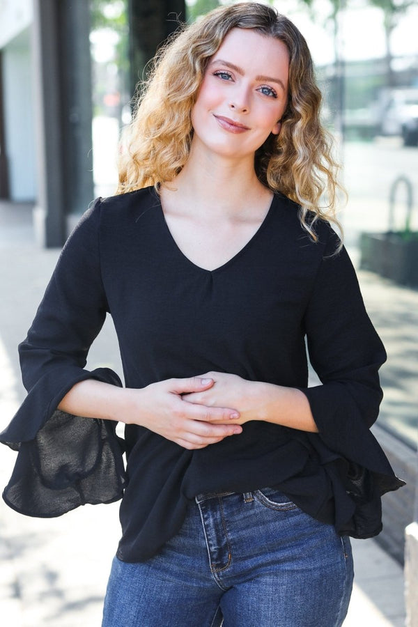 Falling In Love Black Hi-Lo Ruffle Sleeve Woven Top - Coeur de la Mode